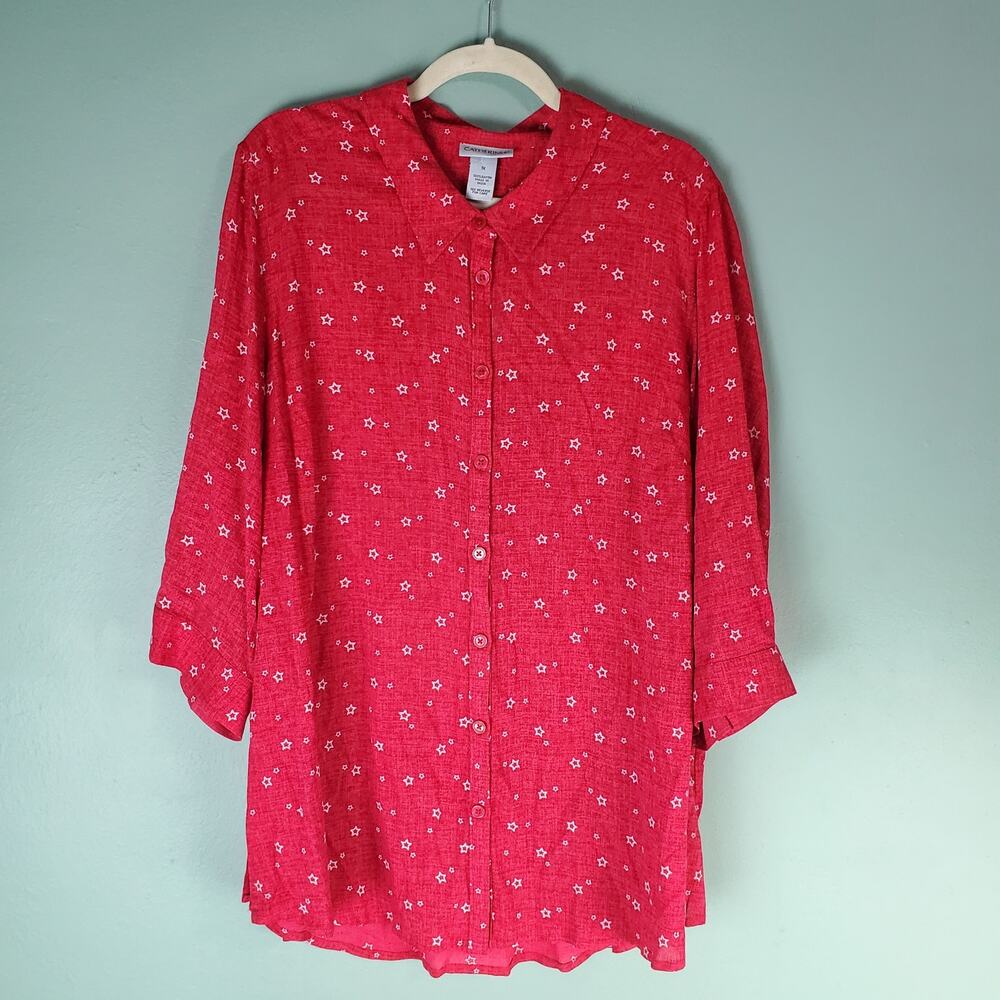Catherines Womens Red Star Print Button Up Blouse Shirt Top Size 1X